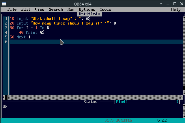 running the code is simple and we get   quick demo of qb64.